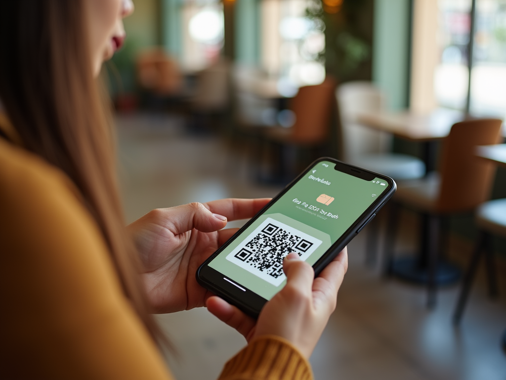 Женщина в кафе держит смартфон с QR-кодом на экране.